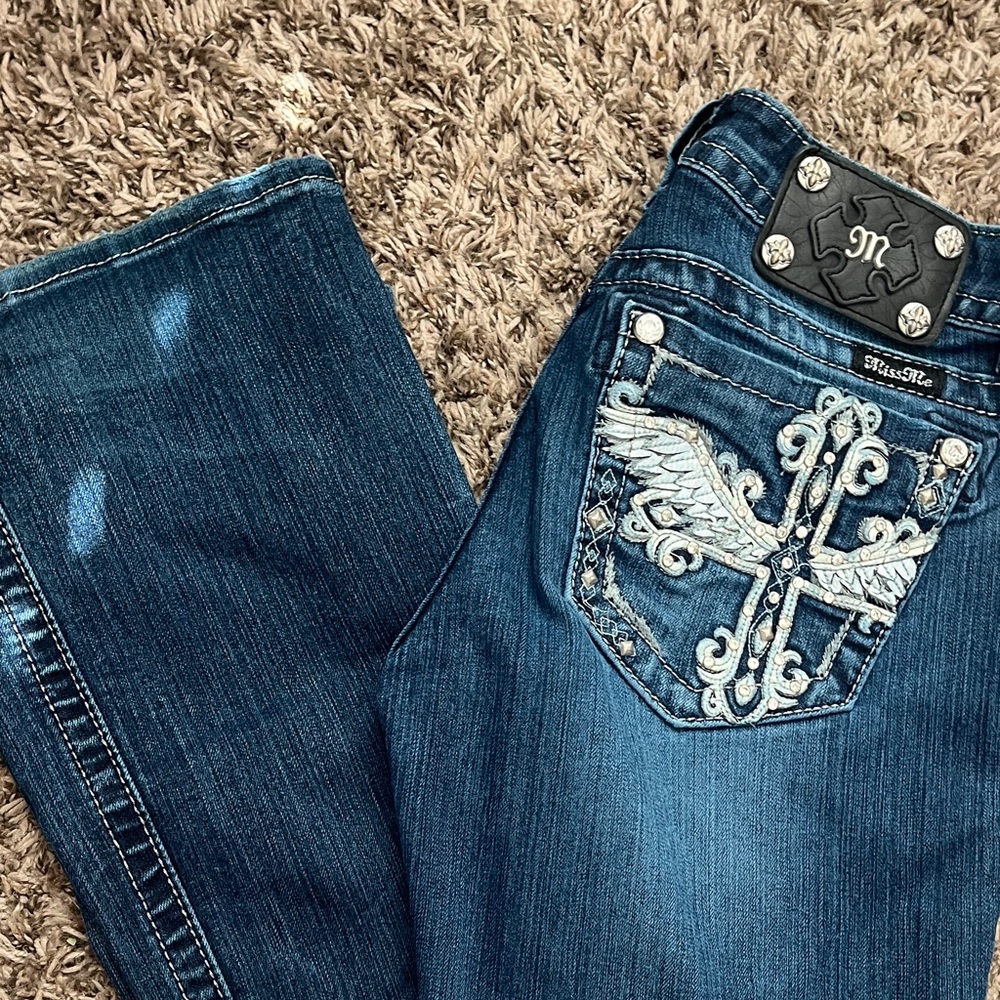 Miss Me Women's Blue Boot Cut Jeans with White Embroidery